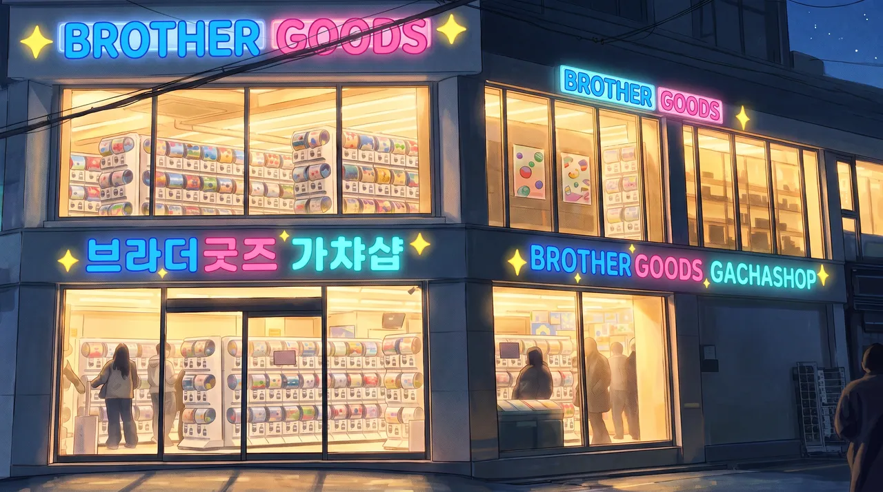 BROTHERGOODS, 브라더굿즈 가챠샵 네온 간판이 켜진 밤의 매장 외관 일러스트
