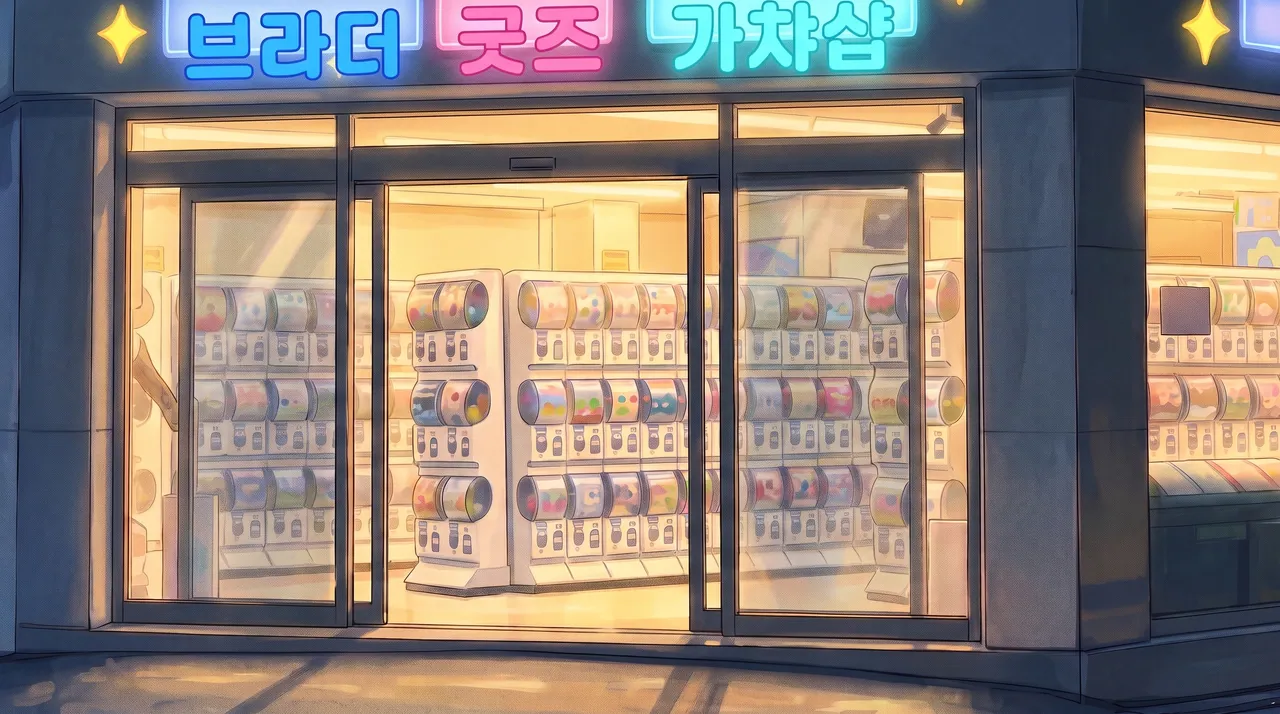 브라더굿즈 가챠샵 간판 아래, 가챠 머신이 보이는 매장 입구 일러스트